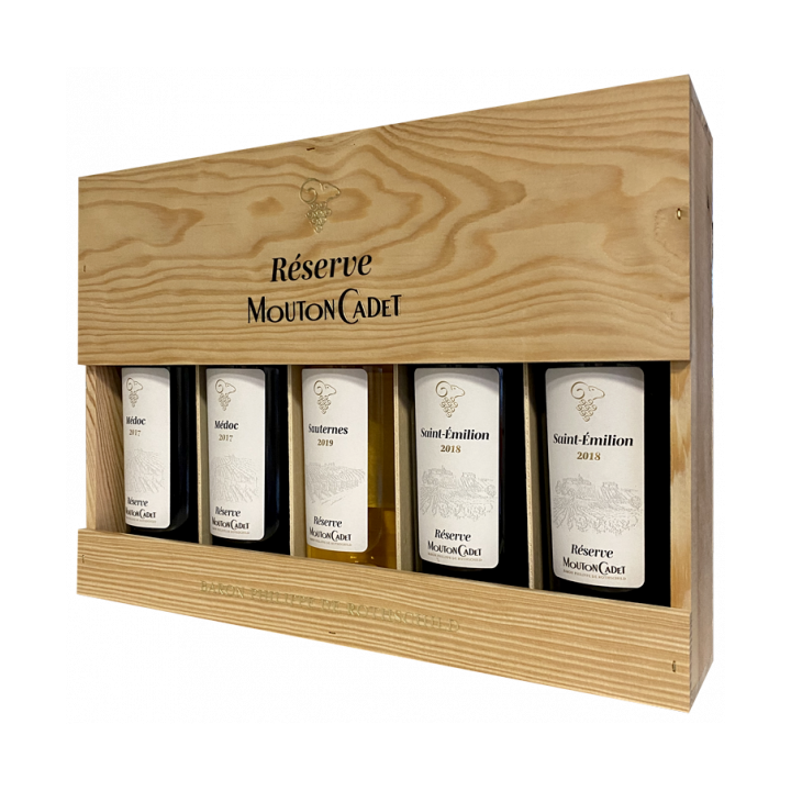 Caisse Bois  5 bouteilles Réserve Mouton Cadet - Baron Philippe de Rothschild